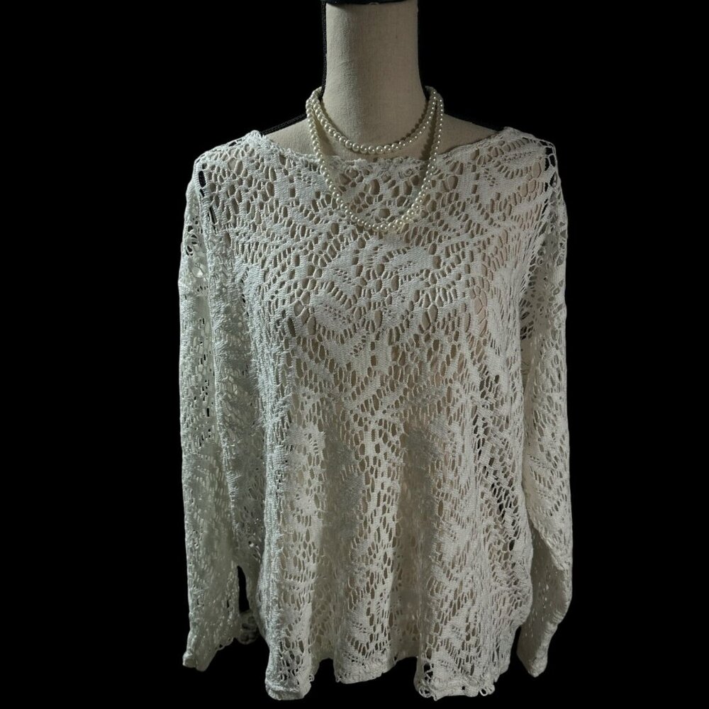 Vintage Paris Sport Club Womens Sweater Large White Open Knit Beachy Y2K Retro